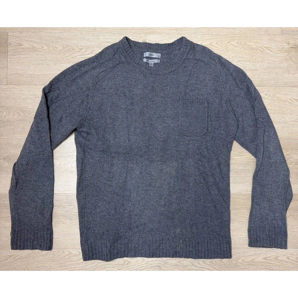 Marks & Spencer Mens Medium Gray Pure Lambswool Crew Neck Sweater Pocket M&S